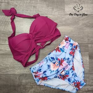 Tempt Me Vintage Cross Front Halter Bikini Swimsuit Size L